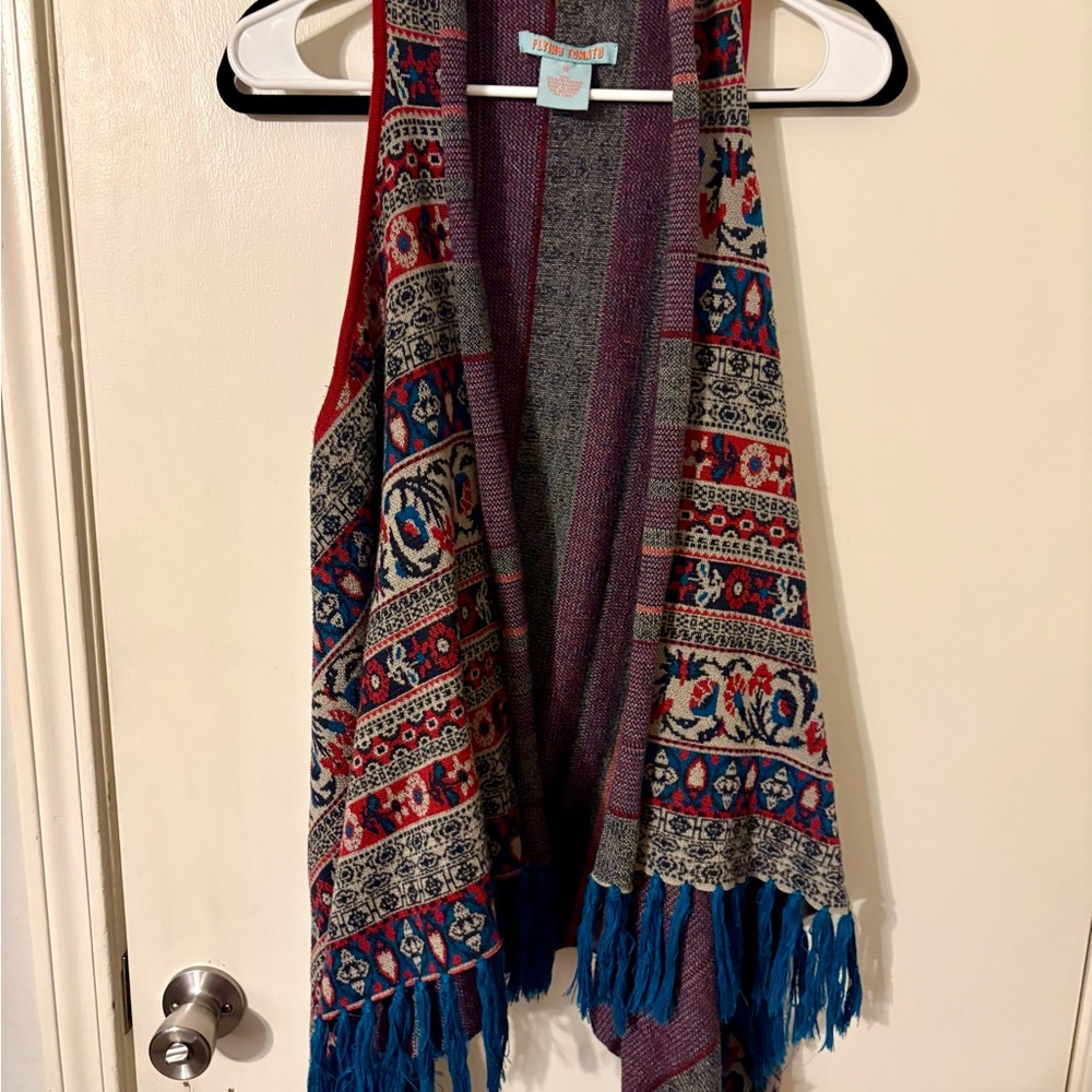 Flying Tomato Red, Blue & Cream Patterned Knit Open Vest with Fringe